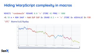 Hiding WarpScript complexity in macros
NEWGTS 'randomwalk' RENAME 0.0 'v' STORE 42 PRNG 1 1000
<% 10 m * NOW SWAP - NaN DUP DUP $v SRAND 0.5 - + 'v' STORE $v ADDVALUE %> FOR
'UTC' @senx/cal/byday
 