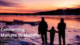 Kristina Hoeppner (Catalyst) //
eWorks webinar // 25 September 2019
@anitsirk
Presentation licensed under Creative Commons BY-SA 4.0+
Image: https://unsplash.com/photos/pnjz9JqgYbI
ConnectingConnecting
Mahara to MoodleMahara to Moodle
 