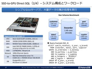 SSD-to-GPU Direct SQL（2/4）– システム構成とワークロード
DB Tech Showcase/Tokyo 2019 - PostgreSQLをどこまで高速化できるのか？17
Supermicro SYS-1019GP-TT
CPU Xeon Gold 6126T (2.6GHz, 12C) x1
RAM 192GB (32GB DDR4-2666 x 6)
GPU NVIDIA Tesla V100 (5120C, 16GB) x1
SSD
Intel SSD DC P4600 (HHHL; 2.0TB) x3
(striping configuration by md-raid0)
HDD 2.0TB(SATA; 72krpm) x6
Network 10Gb Ethernet 2ports
OS
Red Hat Enterprise Linux 7.6
CUDA 10.1 + NVIDIA Driver 418.40.04
DB
PostgreSQL v11.2
PG-Strom v2.2devel
■ Query Example (Q2_3)
SELECT sum(lo_revenue), d_year, p_brand1
FROM lineorder, date1, part, supplier
WHERE lo_orderdate = d_datekey
AND lo_partkey = p_partkey
AND lo_suppkey = s_suppkey
AND p_category = 'MFGR#12‘
AND s_region = 'AMERICA‘
GROUP BY d_year, p_brand1
ORDER BY d_year, p_brand1;
customer
12M rows
(1.6GB)
date1
2.5K rows
(400KB)
part
1.8M rows
(206MB)
supplier
4.0M rows
(528MB)
lineorder
2.4B rows
(351GB)
シンプルな1Uサーバで、大量データの集計処理を実行
Star Schema Benchmark
 