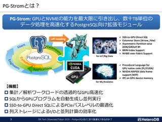 PG-Stromとは？
DB Tech Showcase/Tokyo 2019 - PostgreSQLをどこまで高速化できるのか？3
【機能】
 集計／解析ワークロードの透過的なGPU高速化
 SQLからGPUプログラムを自動生成し並列実行
 SSD-to-GPU Direct SQLによるPCIeバスレベルの最適化
 列ストレージによるI/Oと並列計算の効率化
PG-Strom: GPUとNVMEの能力を最大限に引き出し、数十TB単位の
データ処理を高速化するPostgreSQL向け拡張モジュール
App
GPU
off-loading
for IoT/Big-Data
for ML/Analytics
➢ SSD-to-GPU Direct SQL
➢ Columnar Store (Arrow_Fdw)
➢ Asymmetric Partition-wise
JOIN/GROUP BY
➢ BRIN-Index Support
➢ NVME-over-Fabric Support
➢ Procedural Language for
GPU native code (PL/CUDA)
➢ NVIDIA RAPIDS data frame
support (WIP)
➢ IPC on GPU device memory
 