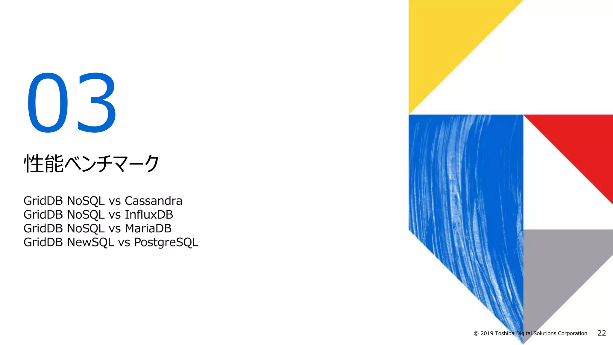22© 2019 Toshiba Digital Solutions Corporation
03
GridDB NoSQL vs Cassandra
GridDB NoSQL vs InfluxDB
GridDB NoSQL vs MariaDB
GridDB NewSQL vs PostgreSQL
性能ベンチマーク
 