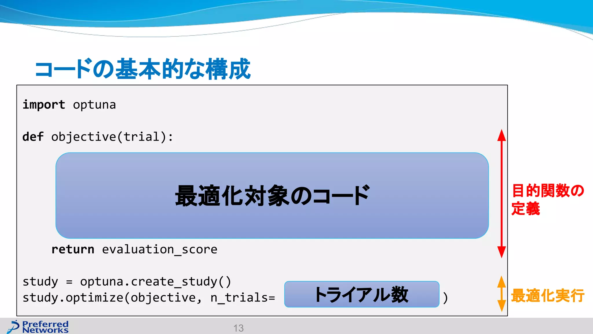 コードの基本的な構成
13
import optuna
def objective(trial):
return evaluation_score
study = optuna.create_study()
study.optimize(objective, n_trials= )
最適化対象のコード
トライアル数
目的関数の
定義
最適化実行
 