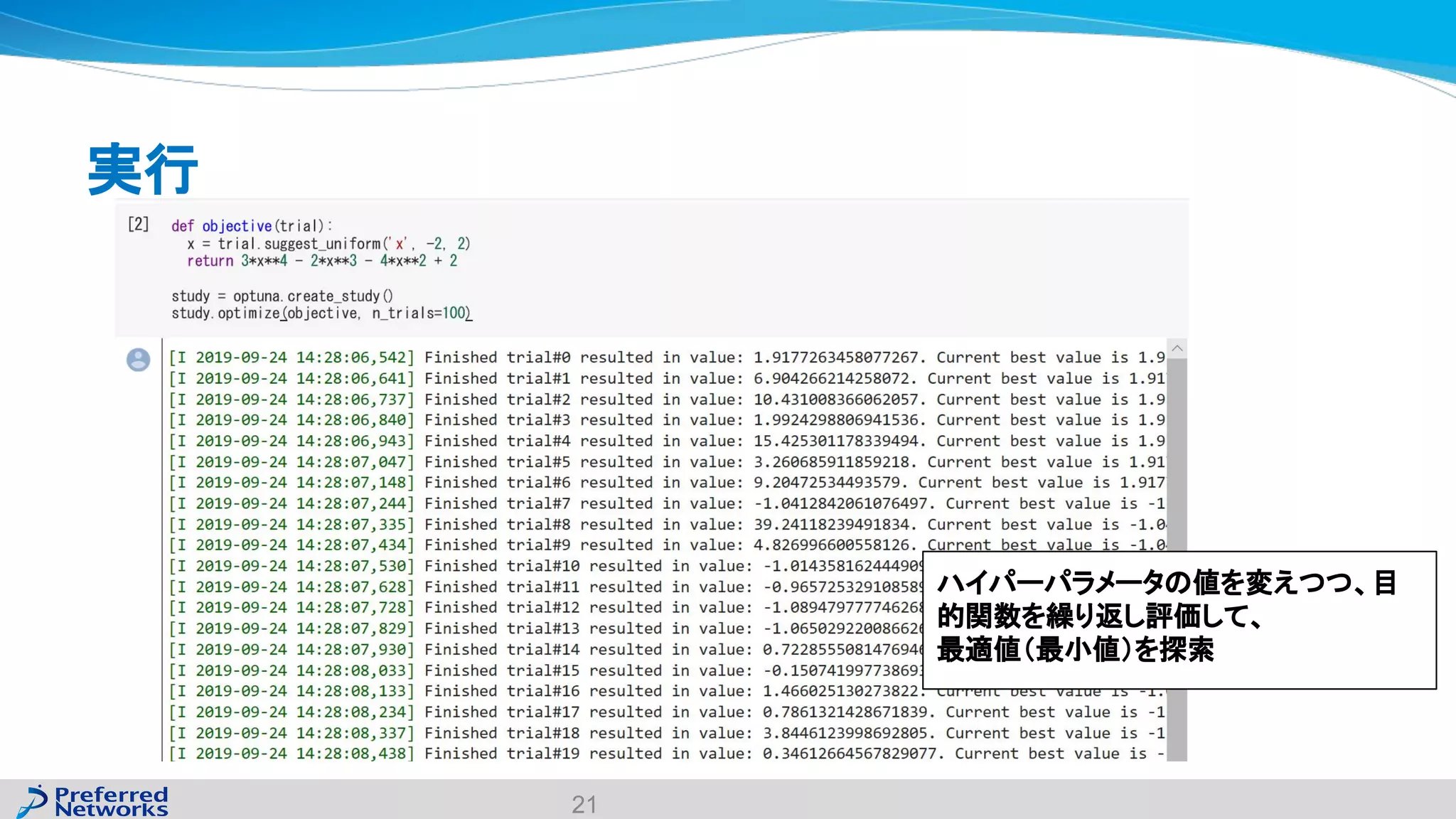 実行
21
ハイパーパラメータの値を変えつつ、目
的関数を繰り返し評価して、
最適値（最小値）を探索
 