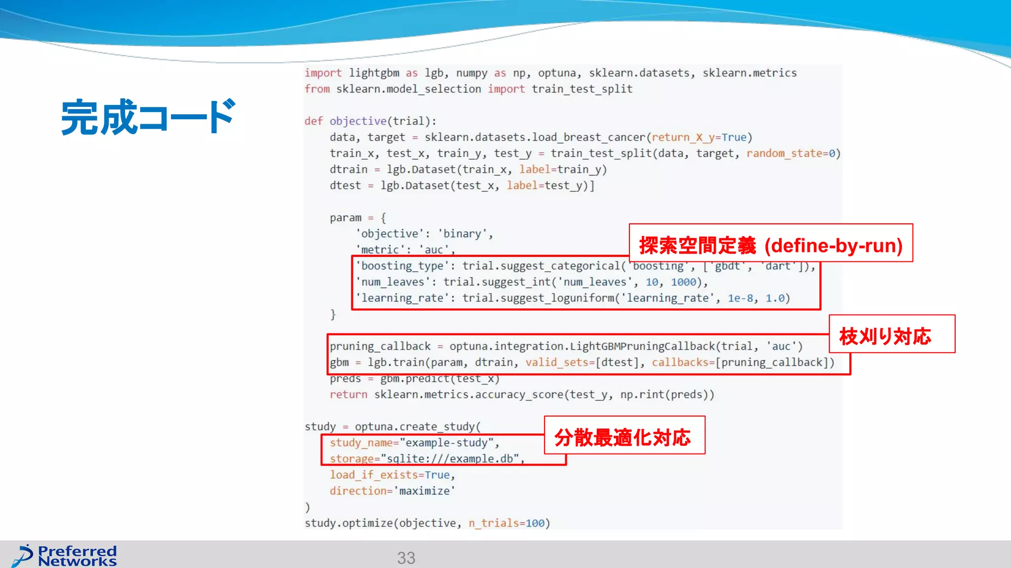 完成コード
33
探索空間定義 (define-by-run)
枝刈り対応
分散最適化対応
 