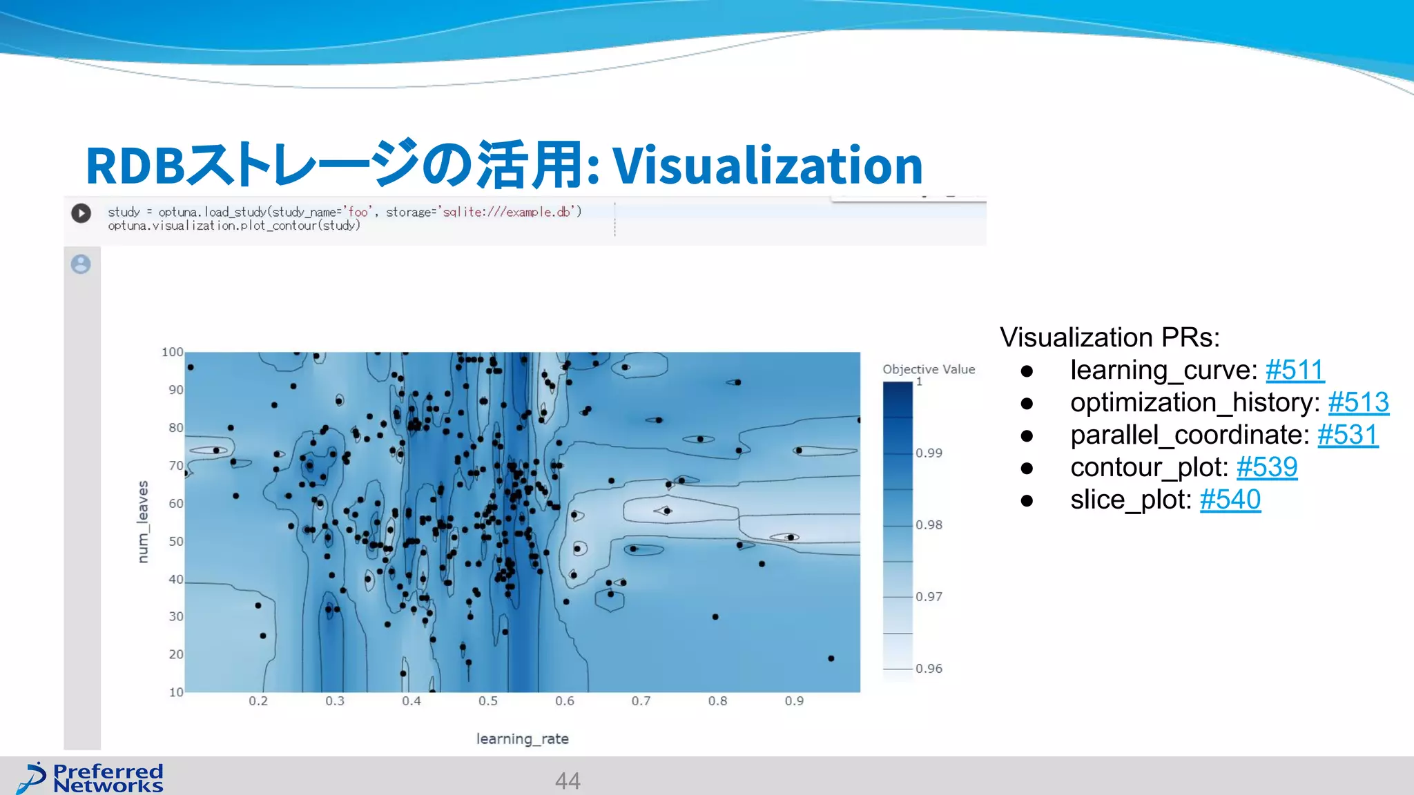 RDBストレージの活用: Visualization
44
Visualization PRs:
● learning_curve: #511
● optimization_history: #513
● parallel_coordinate: #531
● contour_plot: #539
● slice_plot: #540
 