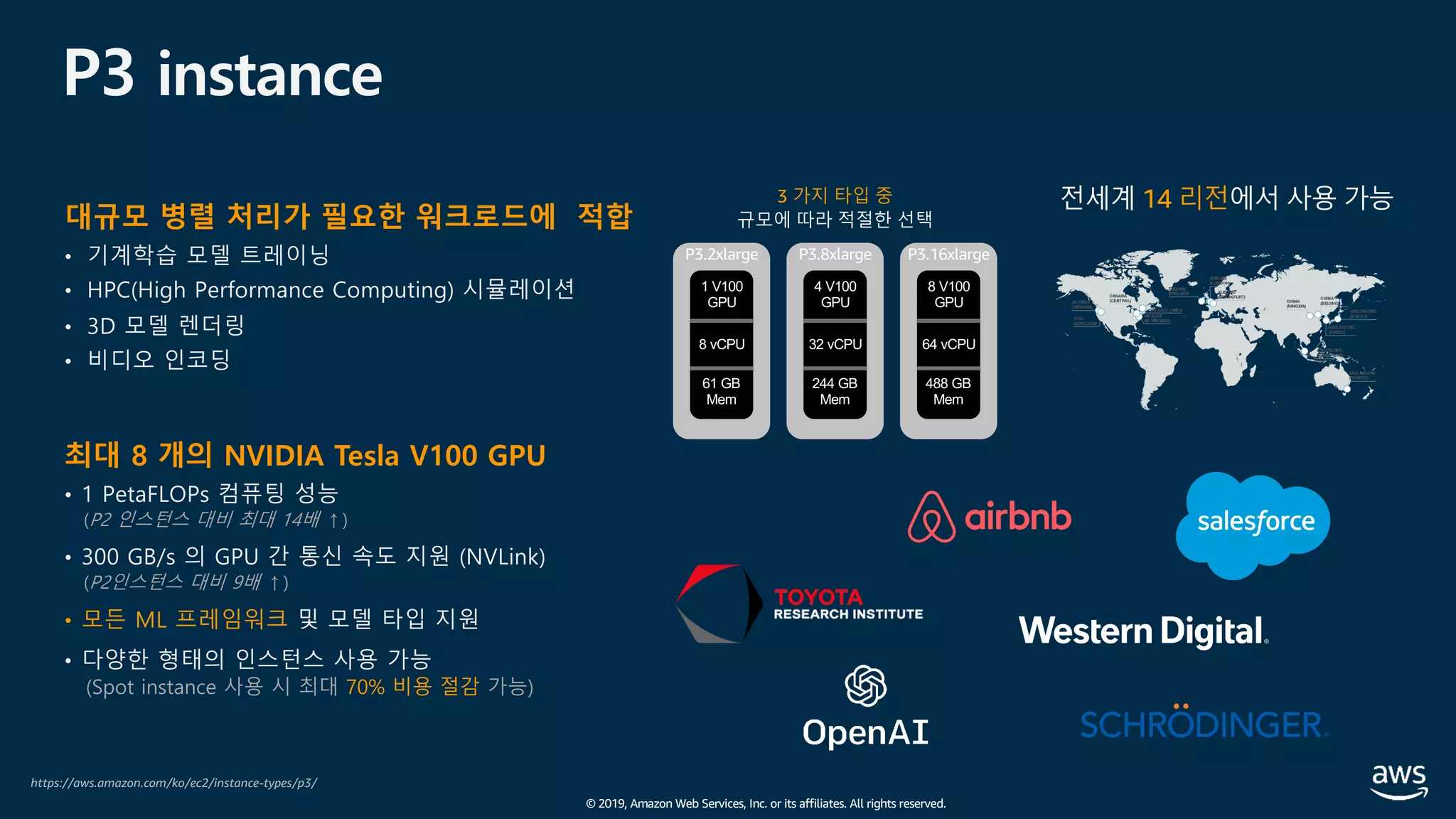 © 2019, Amazon Web Services, Inc. or its affiliates. All rights reserved.
P3 instance
대규모 병렬 처리가 필요한 워크로드에 적합
• 기계학습 모델 트레이닝
• HPC(High Performance Computing) 시뮬레이션
• 3D 모델 렌더링
• 비디오 인코딩
최대 8 개의 NVIDIA Tesla V100 GPU
• 1 PetaFLOPs 컴퓨팅 성능
(P2 인스턴스 대비 최대 14배 ↑)
• 300 GB/s 의 GPU 간 통신 속도 지원 (NVLink)
(P2인스턴스 대비 9배 ↑)
• 모든 ML 프레임워크 및 모델 타입 지원
• 다양한 형태의 인스턴스 사용 가능
(Spot instance 사용 시 최대 70% 비용 절감 가능)
P3.2xlarge
1 V100
GPU
8 vCPU
61 GB
Mem
P3.8xlarge
4 V100
GPU
32 vCPU
244 GB
Mem
P3.16xlarge
8 V100
GPU
64 vCPU
488 GB
Mem
3 가지 타입 중 14 리전
https://aws.amazon.com/ko/ec2/instance-types/p3/
 