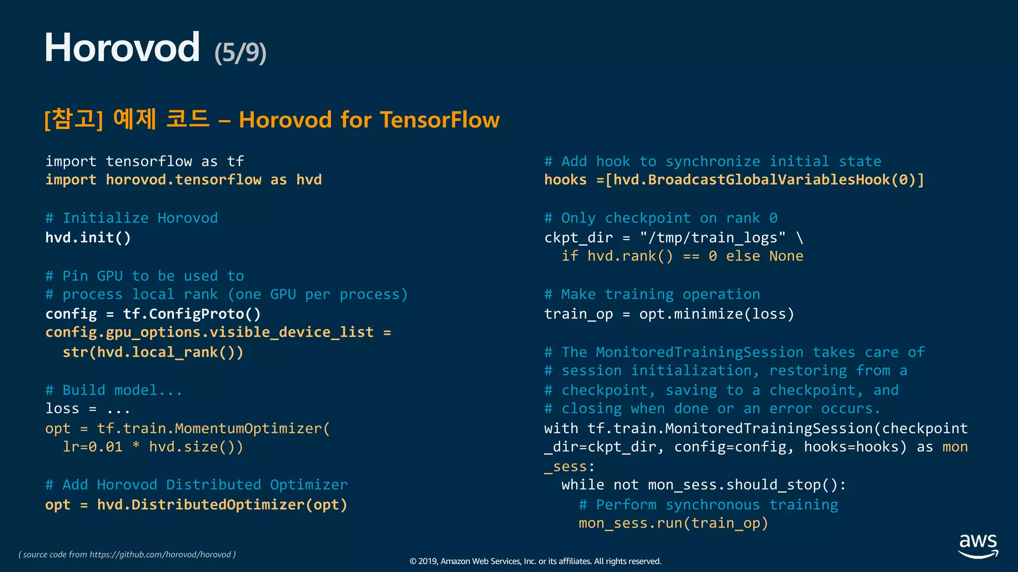 © 2019, Amazon Web Services, Inc. or its affiliates. All rights reserved.
Horovod (5/9)
import tensorflow as tf
import horovod.tensorflow as hvd
# Initialize Horovod
hvd.init()
# Pin GPU to be used to
# process local rank (one GPU per process)
config = tf.ConfigProto()
config.gpu_options.visible_device_list =
str(hvd.local_rank())
# Build model...
loss = ...
opt = tf.train.MomentumOptimizer(
lr=0.01 * hvd.size())
# Add Horovod Distributed Optimizer
opt = hvd.DistributedOptimizer(opt)
# Add hook to synchronize initial state
hooks =[hvd.BroadcastGlobalVariablesHook(0)]
# Only checkpoint on rank 0
ckpt_dir = "/tmp/train_logs" 
if hvd.rank() == 0 else None
# Make training operation
train_op = opt.minimize(loss)
# The MonitoredTrainingSession takes care of
# session initialization, restoring from a
# checkpoint, saving to a checkpoint, and
# closing when done or an error occurs.
with tf.train.MonitoredTrainingSession(checkpoint
_dir=ckpt_dir, config=config, hooks=hooks) as mon
_sess:
while not mon_sess.should_stop():
# Perform synchronous training
mon_sess.run(train_op)
[참고] 예제 코드 – Horovod for TensorFlow
( source code from https://github.com/horovod/horovod )
 