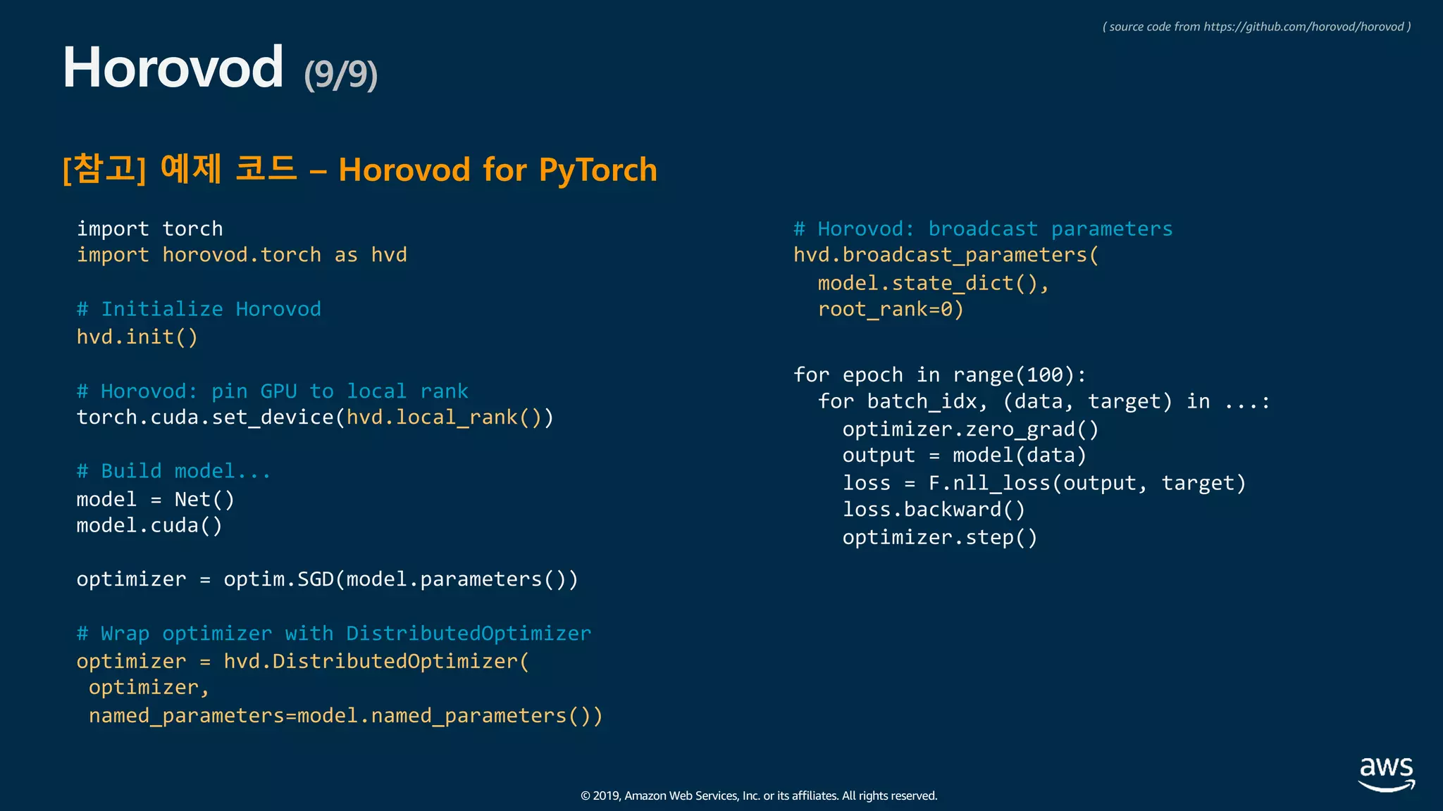 © 2019, Amazon Web Services, Inc. or its affiliates. All rights reserved.
Horovod (9/9)
[참고] 예제 코드 – Horovod for PyTorch
import torch
import horovod.torch as hvd
# Initialize Horovod
hvd.init()
# Horovod: pin GPU to local rank
torch.cuda.set_device(hvd.local_rank())
# Build model...
model = Net()
model.cuda()
optimizer = optim.SGD(model.parameters())
# Wrap optimizer with DistributedOptimizer
optimizer = hvd.DistributedOptimizer(
optimizer,
named_parameters=model.named_parameters())
# Horovod: broadcast parameters
hvd.broadcast_parameters(
model.state_dict(),
root_rank=0)
for epoch in range(100):
for batch_idx, (data, target) in ...:
optimizer.zero_grad()
output = model(data)
loss = F.nll_loss(output, target)
loss.backward()
optimizer.step()
( source code from https://github.com/horovod/horovod )
 