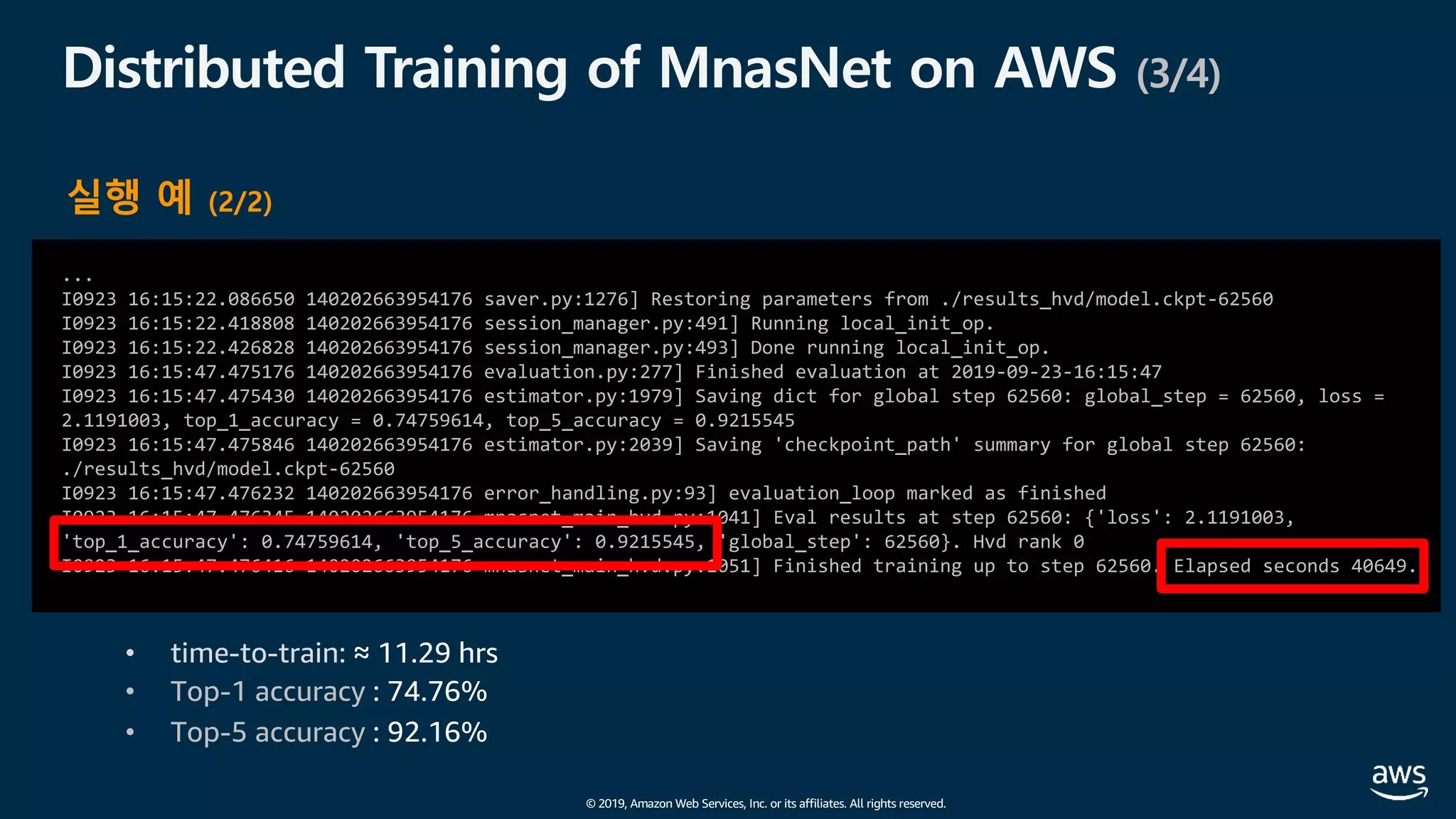 © 2019, Amazon Web Services, Inc. or its affiliates. All rights reserved.
Distributed Training of MnasNet on AWS (3/4)
...
I0923 16:15:22.086650 140202663954176 saver.py:1276] Restoring parameters from ./results_hvd/model.ckpt-62560
I0923 16:15:22.418808 140202663954176 session_manager.py:491] Running local_init_op.
I0923 16:15:22.426828 140202663954176 session_manager.py:493] Done running local_init_op.
I0923 16:15:47.475176 140202663954176 evaluation.py:277] Finished evaluation at 2019-09-23-16:15:47
I0923 16:15:47.475430 140202663954176 estimator.py:1979] Saving dict for global step 62560: global_step = 62560, loss =
2.1191003, top_1_accuracy = 0.74759614, top_5_accuracy = 0.9215545
I0923 16:15:47.475846 140202663954176 estimator.py:2039] Saving 'checkpoint_path' summary for global step 62560:
./results_hvd/model.ckpt-62560
I0923 16:15:47.476232 140202663954176 error_handling.py:93] evaluation_loop marked as finished
I0923 16:15:47.476345 140202663954176 mnasnet_main_hvd.py:1041] Eval results at step 62560: {'loss': 2.1191003,
'top_1_accuracy': 0.74759614, 'top_5_accuracy': 0.9215545, 'global_step': 62560}. Hvd rank 0
I0923 16:15:47.476416 140202663954176 mnasnet_main_hvd.py:1051] Finished training up to step 62560. Elapsed seconds 40649.
실행 예 (2/2)
• time-to-train: ≈ 11.29 hrs
• Top-1 accuracy : 74.76%
• Top-5 accuracy : 92.16%
 