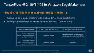 © 2019, Amazon Web Services, Inc. or its affiliates. All rights reserved.
TensorFlow 분산 트레이닝 in Amazon SageMaker (6/6)
• Scaling-up on a single machine with multiple GPUs (“data parallelism”)
• Scaling-out with either Parameter server or Horovod (“cluster size”)
https://aws.amazon.com/ko/blogs/machine-learning/launching-tensorflow-distributed-training-easily-with-horovod-or-parameter-servers-in-amazon-sagemaker/
필요에 따라 적절한 분산 트레이닝 방법을 선택합니다
Time to share gradient 더 높은 CPU 성능을 원할 경우 더 높은 GPU 성능을 원할 경우
Long Parameter Server
Parameter Server or Horovod on
a single instance with Multi-GPUs
Short Parameter Server Horovod
Larger # of gradients
Bigger model size
Smaller # of gradients
Lesser model size
 