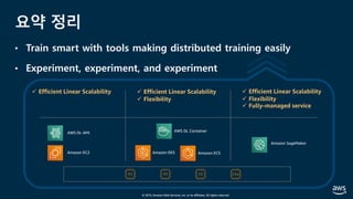 © 2019, Amazon Web Services, Inc. or its affiliates. All rights reserved.
요약 정리
• Train smart with tools making distributed training easily
• Experiment, experiment, and experiment
ü Efficient Linear Scalability ü Efficient Linear Scalability
ü Flexibility
ü Efficient Linear Scalability
ü Flexibility
ü Fully-managed service
Amazon EC2
AWS DL AMI
Amazon ECSAmazon EKS
AWS DL Container
Amazon SageMaker
 