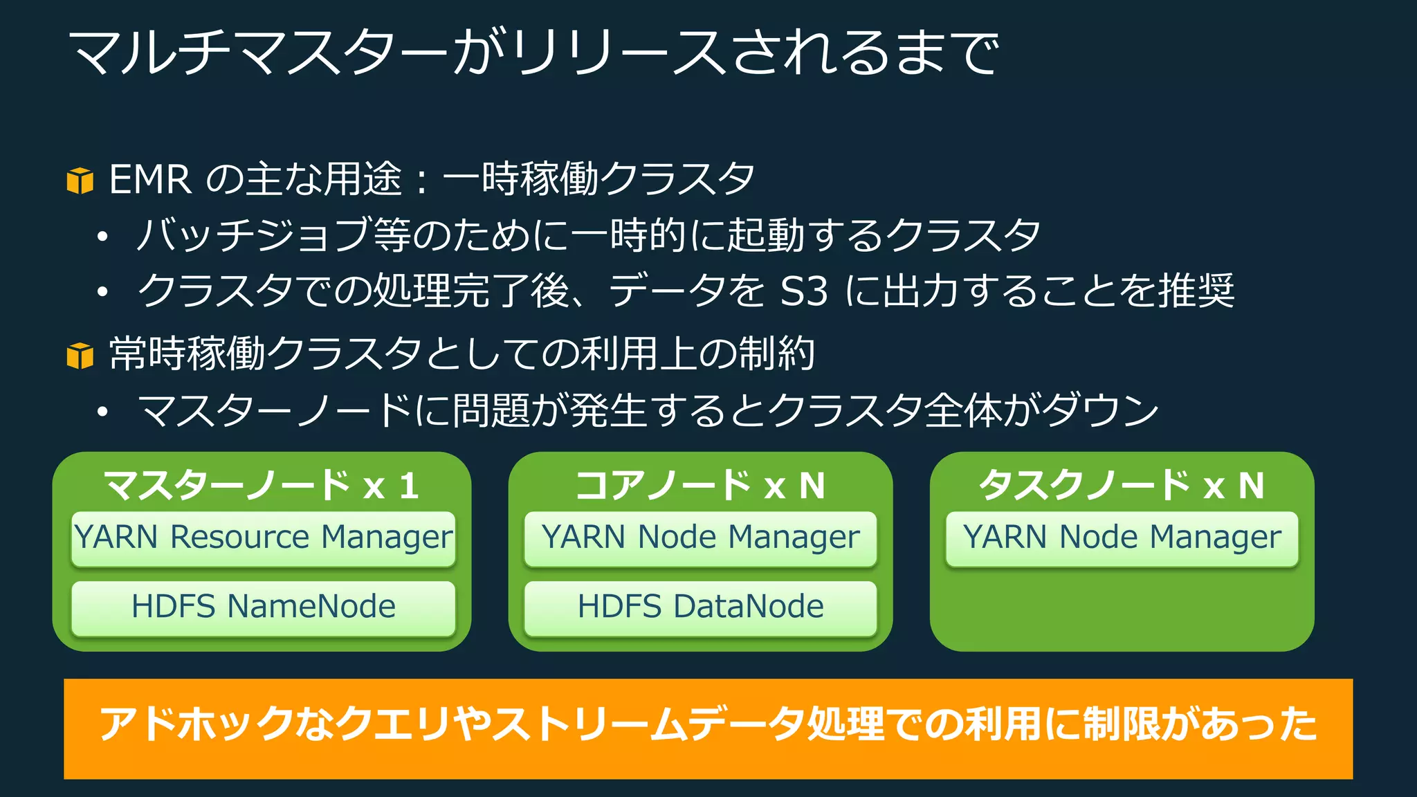 © 2019, Amazon Web Services, Inc. or its Affiliates. All rights reserved.
マルチマスターがリリースされるまで
EMR の主な⽤途︓⼀時稼働クラスタ
• バッチジョブ等のために⼀時的に起動するクラスタ
• クラスタでの処理完了後、データを S3 に出⼒することを推奨
常時稼働クラスタとしての利⽤上の制約
• マスターノードに問題が発⽣するとクラスタ全体がダウン
アドホックなクエリやストリームデータ処理での利⽤に制限があった
マスターノード x 1
YARN Resource Manager
HDFS NameNode
コアノード x N
YARN Node Manager
HDFS DataNode
タスクノード x N
YARN Node Manager
 