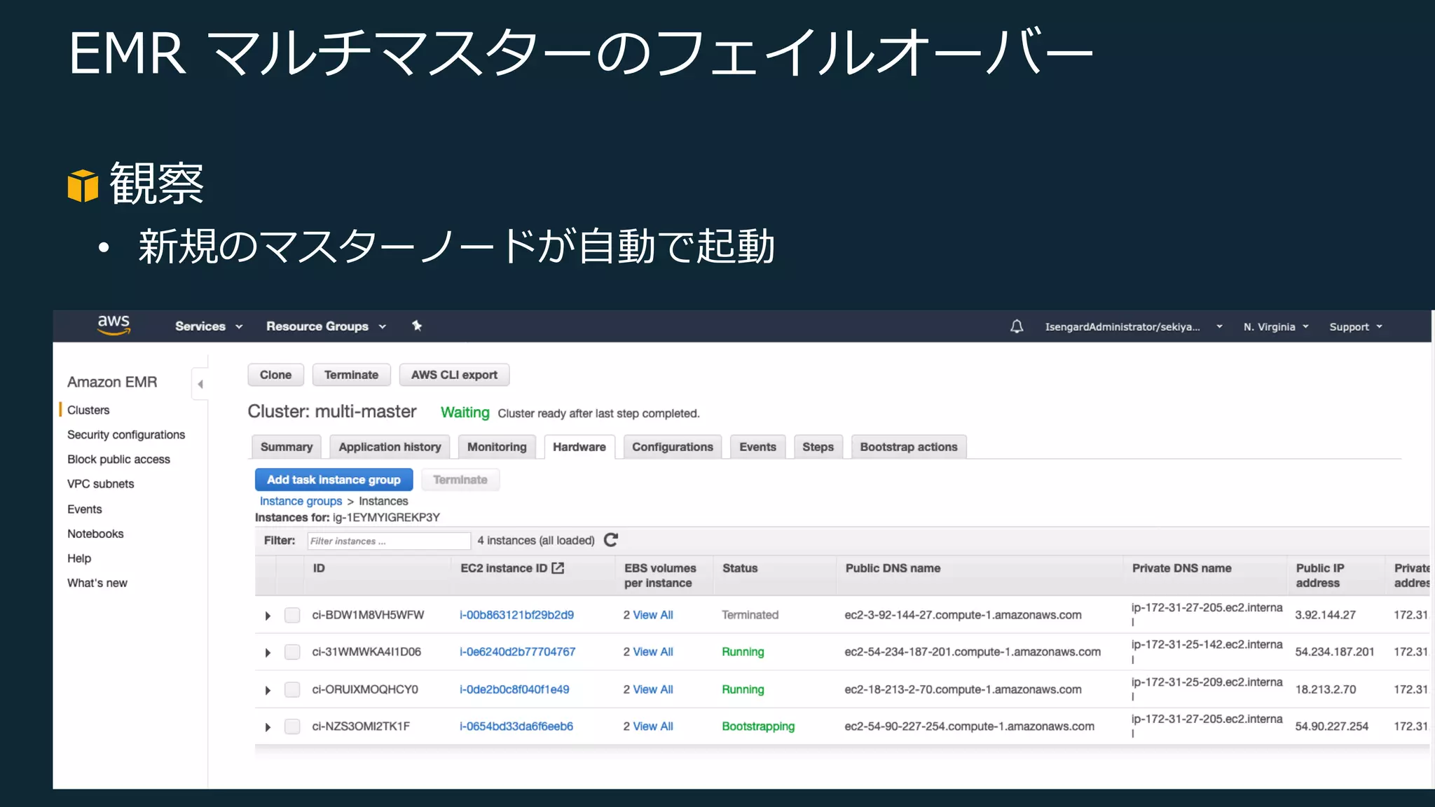 © 2019, Amazon Web Services, Inc. or its Affiliates. All rights reserved.
EMR マルチマスターのフェイルオーバー
観察
• 新規のマスターノードが⾃動で起動
 