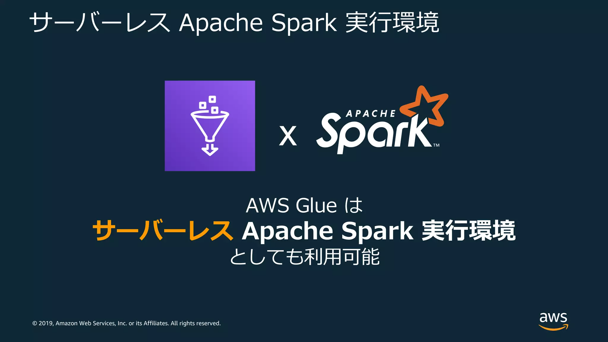 © 2019, Amazon Web Services, Inc. or its Affiliates. All rights reserved.
サーバーレス Apache Spark 実⾏環境
AWS Glue は
サーバーレス Apache Spark 実⾏環境
としても利⽤可能
x
 