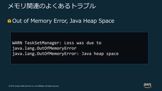 © 2019, Amazon Web Services, Inc. or its Affiliates. All rights reserved.
メモリ関連のよくあるトラブル
Out of Memory Error, Java Heap Space
WARN TaskSetManager: Loss was due to
java.lang.OutOfMemoryError
java.lang.OutOfMemoryError: Java heap space
 