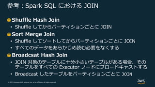 © 2019, Amazon Web Services, Inc. or its Affiliates. All rights reserved.
参考︓Spark SQL における JOIN
Shuffle Hash Join
• Shuffle してからパーティションごとに JOIN
Sort Merge Join
• Shuffle してソートしてからパーティションごとに JOIN
• すべてのデータをあらかじめ読む必要をなくする
Broadcsat Hash Join
• JOIN 対象のテーブルに⼗分⼩さいテーブルがある場合、その
テーブルをすべての Executor ノードにブロードキャストする
• Broadcast したテーブルをパーティションごとに JOIN
 