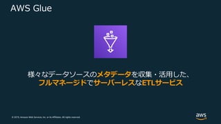© 2019, Amazon Web Services, Inc. or its Affiliates. All rights reserved.
AWS Glue
様々なデータソースのメタデータを収集・活⽤した、
フルマネージドでサーバーレスなETLサービス
 