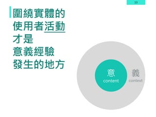 13
圍繞實體的
使用者活動
才是
意義經驗
發生的地方
義
context
意
content
 