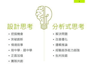 9
設計思考 分析式思考
• 解決問題
• 改善優化
• 邏輯推論
• 經驗越多能力越強
• 批判找錯
• 挖掘機會
• 突破創新
• 情境敘事
• 做中學、錯中學
• 正面加值
• 團隊共創
 