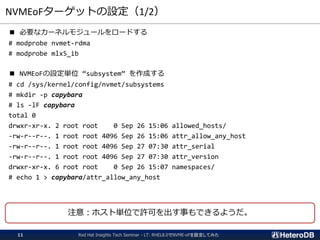NVMEoFターゲットの設定（1/2）
■ 必要なカーネルモジュールをロードする
# modprobe nvmet-rdma
# modprobe mlx5_ib
■ NVMEoFの設定単位 “subsystem” を作成する
# cd /sys/kernel/config/nvmet/subsystems
# mkdir -p capybara
# ls -lF capybara
total 0
drwxr-xr-x. 2 root root 0 Sep 26 15:06 allowed_hosts/
-rw-r--r--. 1 root root 4096 Sep 26 15:06 attr_allow_any_host
-rw-r--r--. 1 root root 4096 Sep 27 07:30 attr_serial
-rw-r--r--. 1 root root 4096 Sep 27 07:30 attr_version
drwxr-xr-x. 6 root root 0 Sep 26 15:07 namespaces/
# echo 1 > capybara/attr_allow_any_host
Red Hat Insights Tech Seminar - LT: RHEL8.0でNVME-oFを設定してみた11
注意：ホスト単位で許可を出す事もできるようだ。
 