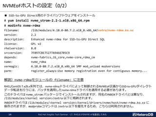 NVMEoFホストの設定（0/2）
■ SSD-to-GPU Direct用のドライバソフトウェアをインストール
# yum install nvme_strom-2.2-1.el8.x86_64.rpm
# modinfo nvme-rdma
filename: /lib/modules/4.18.0-80.7.2.el8_0.x86_64/extra/nvme-rdma.ko.xz
version: 2.2
description: Enhanced nvme-rdma for SSD-to-GPU Direct SQL
license: GPL v2
rhelversion: 8.0
srcversion: 7F097CBE75277A94667B5C9
depends: nvme-fabrics,ib_core,nvme-core,rdma_cm
name: nvme_rdma
vermagic: 4.18.0-80.7.2.el8_0.x86_64 SMP mod_unload modversions
parm: register_always:Use memory registration even for contiguous memory...
解説）nvme-rdmaモジュールの filename: に注意
RHEL/CentOS 7.x/8.x系列では、nvme-rdmaドライバによって制御されるNVMEoF区画からSSD-to-GPUダイレクト
データ転送を行うには、パッチを適用したnvme-rdmaドライバを適用する必要があります。
このドライバは nvme_strom パッケージでインストールされますが、同名のINBOXドライバとは異なり、
/lib/modules/<kernel version>/extra 以下に格納されます。
INBOXドライバは /lib/modules/<kernel version>/kernel/drivers/nvme/host/nvme-rdma.ko.xz に
保存されますが、modprobeコマンドは /extra 以下を優先するため、こちらは利用されません。
Red Hat Insights Tech Seminar - LT: RHEL8.0でNVME-oFを設定してみた14
 
