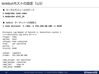 NVMEoFホストの設定（1/2）
■ カーネルモジュールのロード
# modprobe nvme-rdma
# modprobe mlx5_ib
■ NVMEoF ターゲットへの接続①
# nvme discover -t rdma -a 192.168.80.100 -s 4420
Discovery Log Number of Records 1, Generation counter 1
=====Discovery Log Entry 0======
trtype: rdma
adrfam: ipv4
subtype: nvme subsystem
treq: not specified
portid: 1
trsvcid: 4420
subnqn: capybara
traddr: 192.168.80.100
rdma_prtype: not specified
rdma_qptype: connected
rdma_cms: rdma-cm
rdma_pkey: 0x0000
Red Hat Insights Tech Seminar - LT: RHEL8.0でNVME-oFを設定してみた15
 