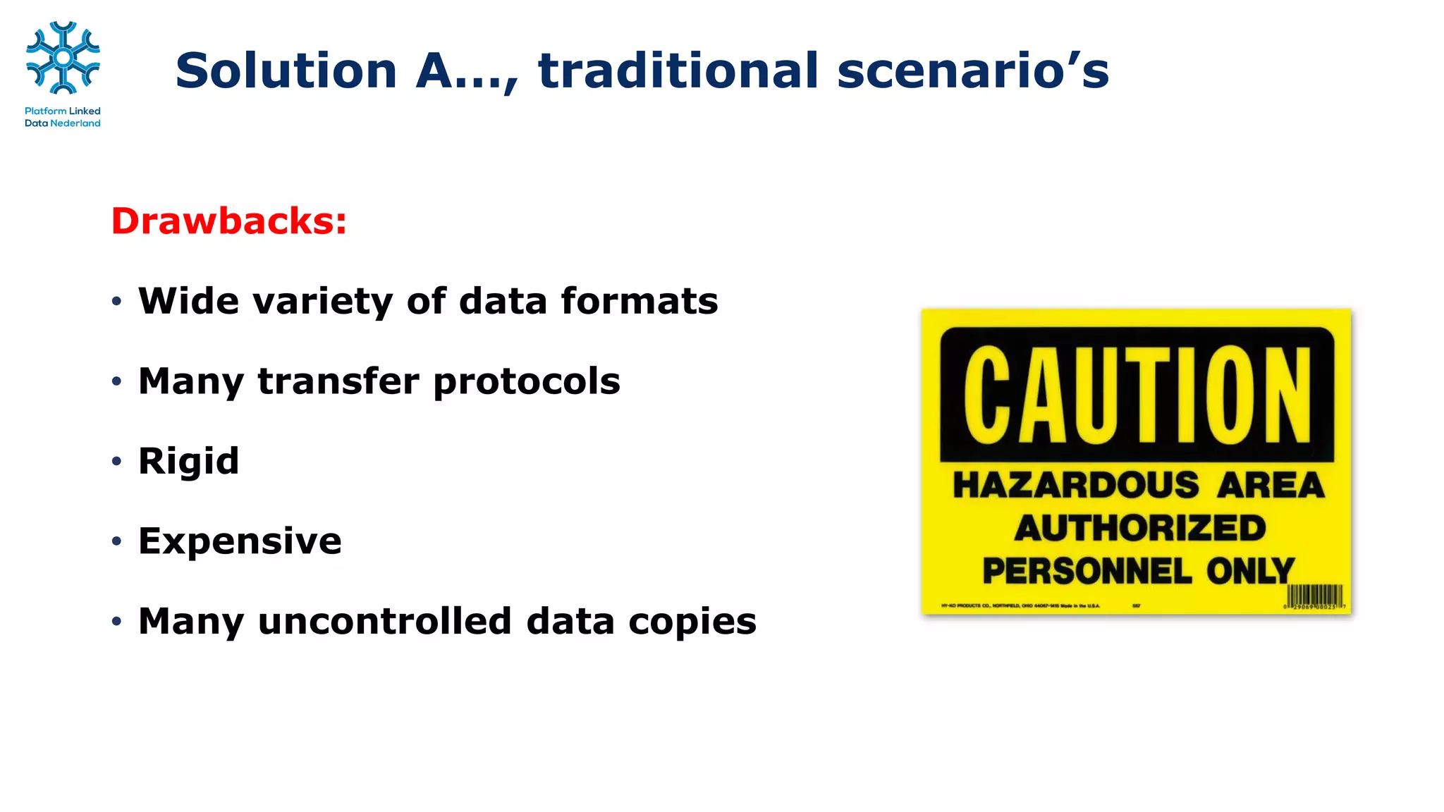 Solution A…, traditional scenario’s
Drawbacks:
• Wide variety of data formats
• Many transfer protocols
• Rigid
• Expensive
• Many uncontrolled data copies
 