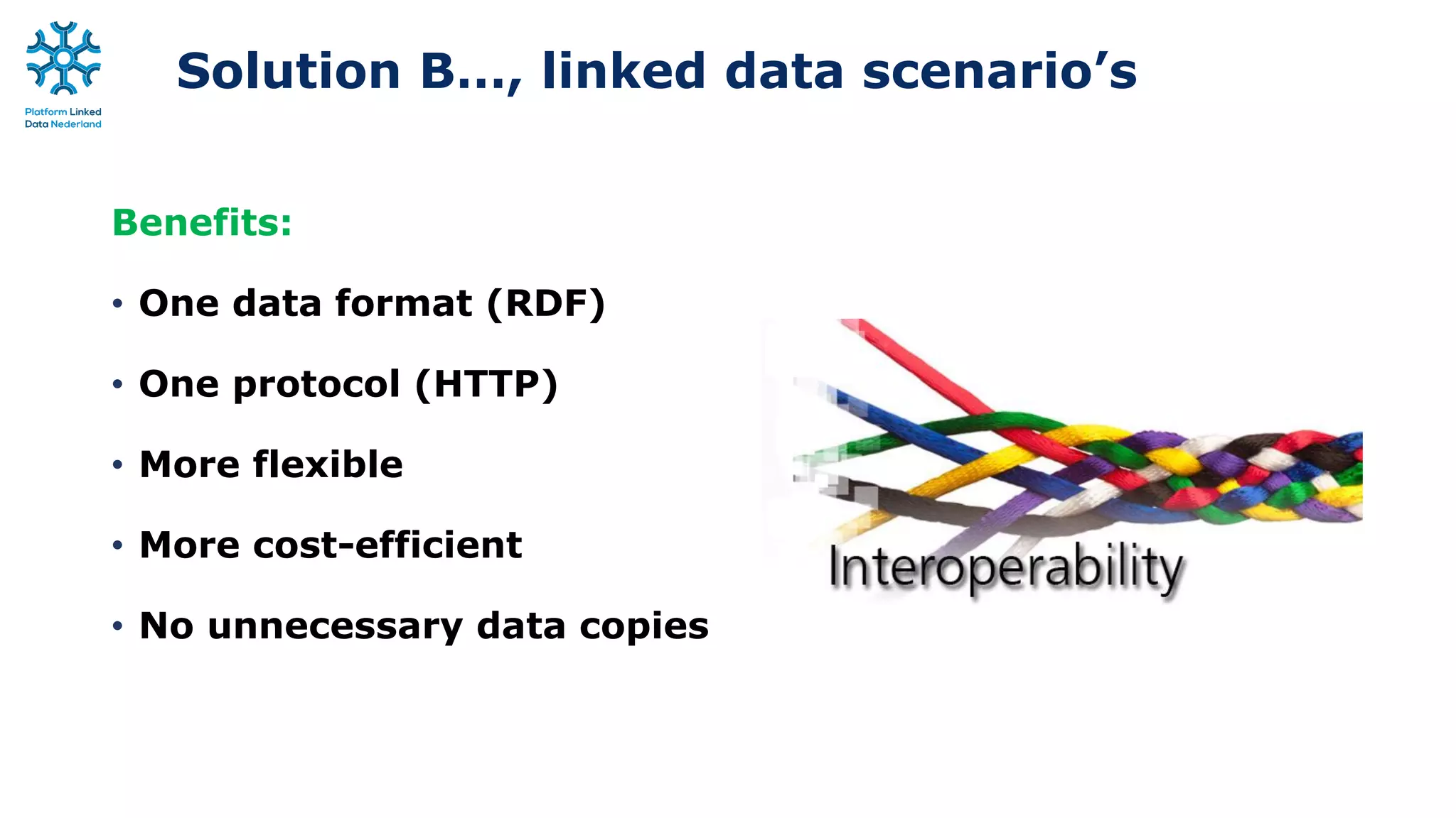 Solution B…, linked data scenario’s
Benefits:
• One data format (RDF)
• One protocol (HTTP)
• More flexible
• More cost-efficient
• No unnecessary data copies
 