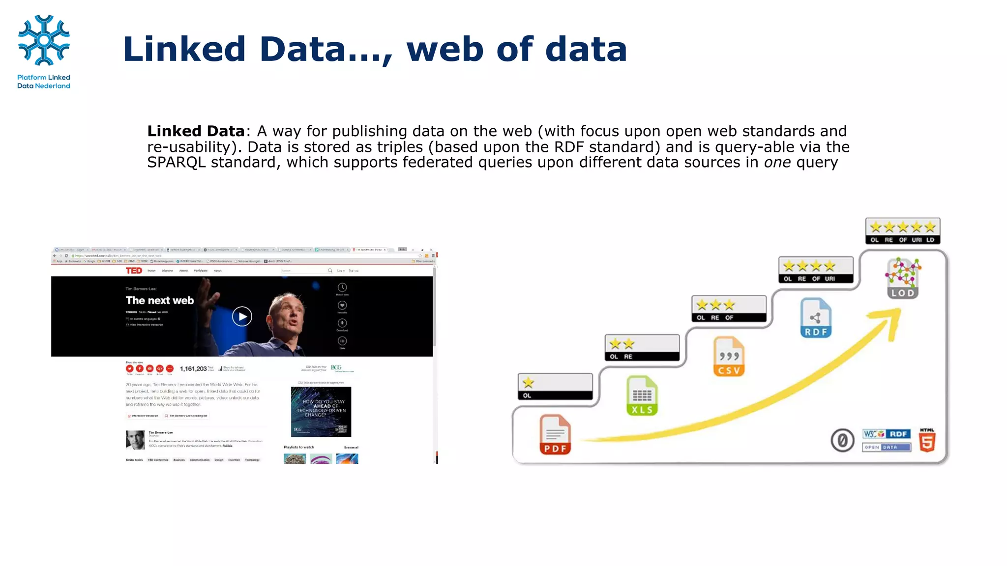 Linked Data: A way for publishing data on the web (with focus upon open web standards and
re-usability). Data is stored as triples (based upon the RDF standard) and is query-able via the
SPARQL standard, which supports federated queries upon different data sources in one query
Linked Data…, web of data
 