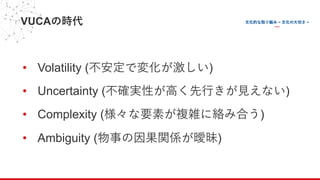 VUCAの時代
• Volatility (不安定で変化が激しい)
• Uncertainty (不確実性が⾼く先⾏きが⾒えない)
• Complexity (様々な要素が複雑に絡み合う)
• Ambiguity (物事の因果関係が曖昧)
 