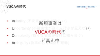 VUCAの時代
• Volatility (不安定で変化が激しい)
• Uncertainty (不確実性が⾼く先⾏きが⾒えない)
• Complexity (様々な要素が複雑に絡み合う)
• Ambiguity (物事の因果関係が曖昧)
新規事業は
VUCAの時代の
ど真ん中
 