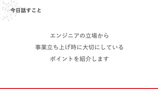 今⽇話すこと
エンジニアの⽴場から
事業⽴ち上げ時に⼤切にしている
ポイントを紹介します
 