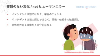⾮難のない⽂化 / not ヒューマンエラー
• インシデントは罰ではなく、学習のチャンス
• インシデントは犯⼈探しではなく、環境・仕組みの改善探し
• 恐怖感のある環境だと保守的になる
https://www.irasutoya.com/2014/10/blog-post_90.html
 
