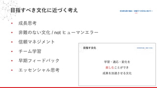 ⽬指すべき⽂化に近づく考え
• 成⻑思考
• ⾮難のない⽂化 / not ヒューマンエラー
• 信頼マネジメント
• チーム学習
• 早期フィードバック
• エッセンシャル思考
 