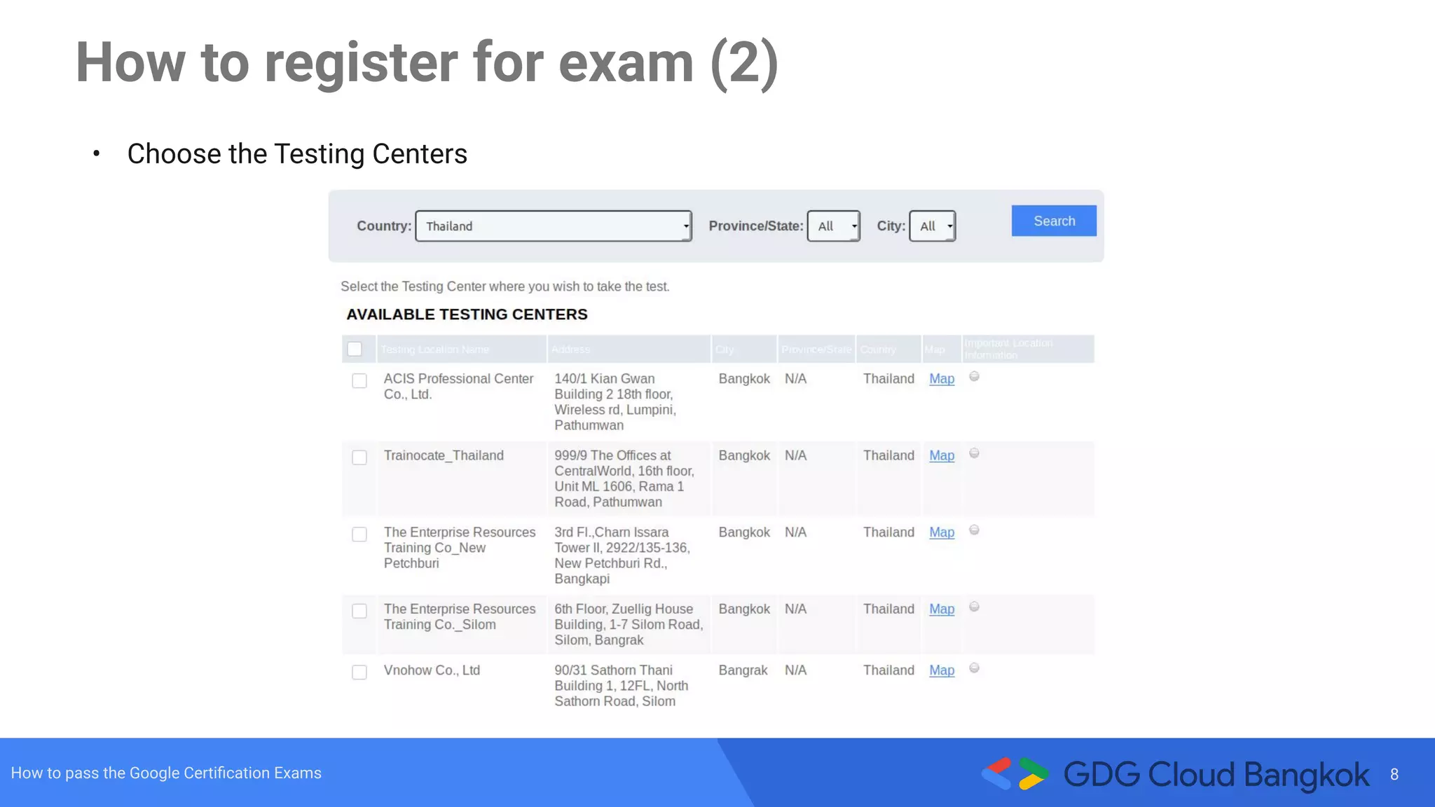 8How to pass the Google Certiﬁcation Exams
• Choose the Testing Centers
How to register for exam (2)
 
