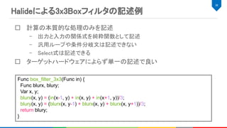 Halideによる3x3Boxフィルタの記述例 
39 
Func box_filter_3x3(Func in) {
Func blurx, blury;
Var x, y;
blurx(x, y) = (in(x-1, y) + in(x, y) + in(x+1, y))/3;
blury(x, y) = (blurx(x, y-1) + blurx(x, y) + blurx(x, y+1))/3;
return blury;
}
計算の本質的な処理のみを記述 
– 出力と入力の関係式を純粋関数として記述 
– 汎用ループや条件分岐文は記述できない 
– Select式は記述できる 
ターゲットハードウェアによらず単一の記述で良い 
 
 
 