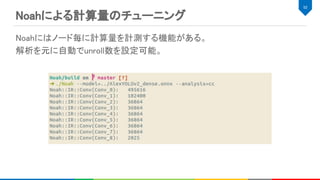 Noahにはノード毎に計算量を計測する機能がある。 
解析を元に自動でunroll数を設定可能。 
52 
Noahによる計算量のチューニング 
 