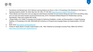参考 
1. Paul Barham and Michael Isard. 2019. Machine Learning Systems are Stuck in a Rut. In Proceedings of the Workshop on Hot Topics in
Operating Systems (HotOS '19). ACM, New York, NY, USA, 177-183. DOI: https://doi.org/10.1145/3317550.3321441
2. Thierry Moreau and Tianqi Chen and Luis Vega and Jared Roesch and Eddie Yan and Lianmin Zheng and Josh Fromm and Ziheng Jiang
and Luis Ceze and Carlos Guestrin and Arvind Krishnamurthy, 2018. A Hardware-Software Blueprint for Flexible Deep Learning
Specialization, https://arxiv.org/abs/1807.04188
3. J.Ragan-Kelley, et al. Halide: A Language and Compiler for Optimizing Parallelism, Locality, and Recomputation in Image Processing
Pipelines. In Proceedings of the 34th, ACM SIGPLAN Conference on Programming Language Design and Implementation, 519–530,
2013.
4. MLIR, 2019, https://github.com/tensorflow/mlir
5. Andrew W. Appel, Modern Compiler Implementation in ML, 1998, Published by Cambridge University Press, ISBN 0-521-60764-7,
https://www.cs.princeton.edu/~appel/modern/ml/
55 
 
