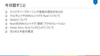 今日話すこと 
❏ エッジディープラーニング推論の現状のまとめ 
❏ マルチレイヤDNNコンパイラ Noah について 
❏ Halideについて 
❏ NoahのDNNコンパイラ”開発”アクセラレーション 
❏ Halide Xilinx HLSバックエンドについて 
❏ まとめと今後の展望 
8 
 