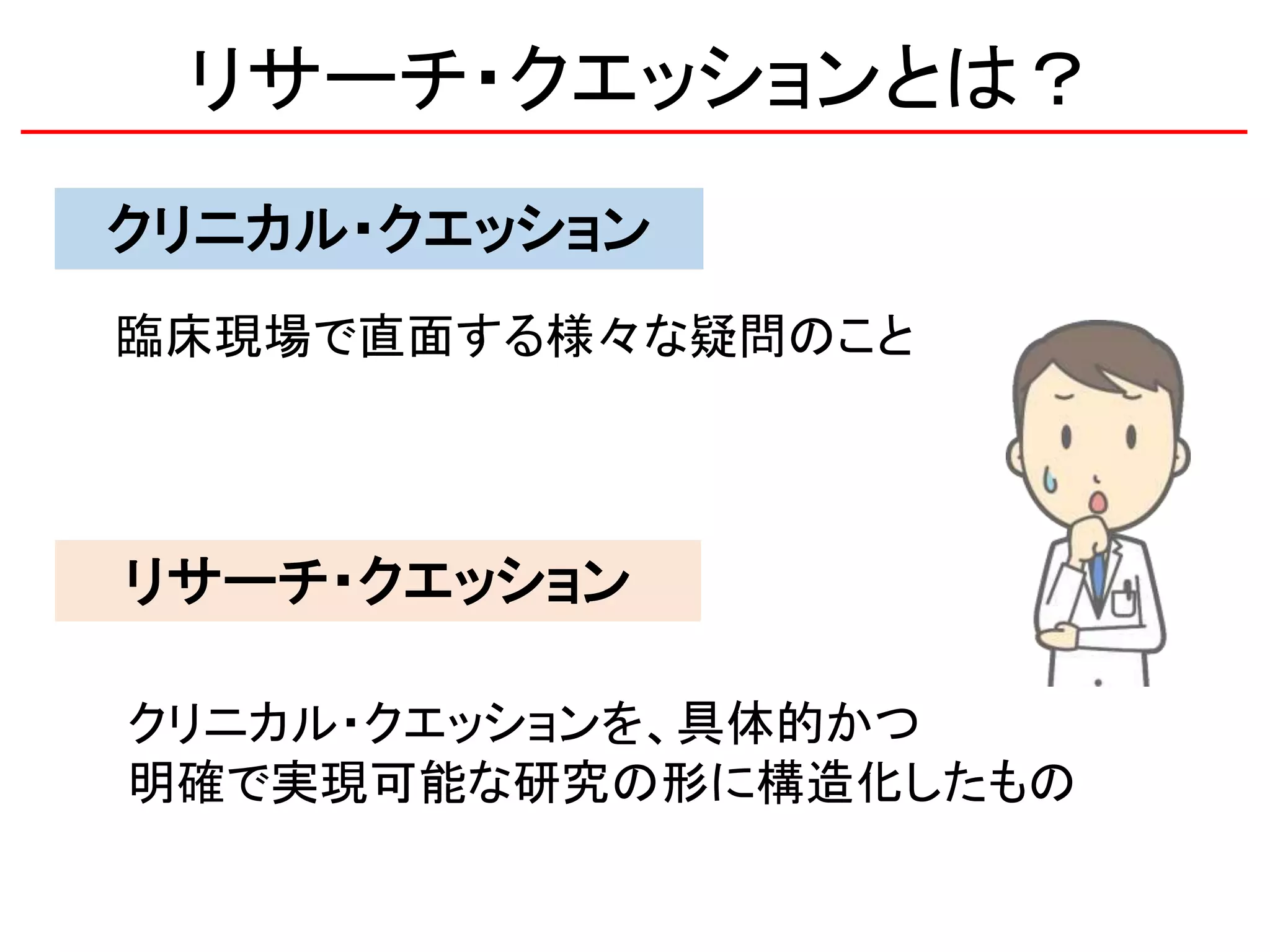 リサーチ・クエッションとは？
クリニカル・クエッション
リサーチ・クエッション
臨床現場で直面する様々な疑問のこと
クリニカル・クエッションを、具体的かつ
明確で実現可能な研究の形に構造化したもの
 