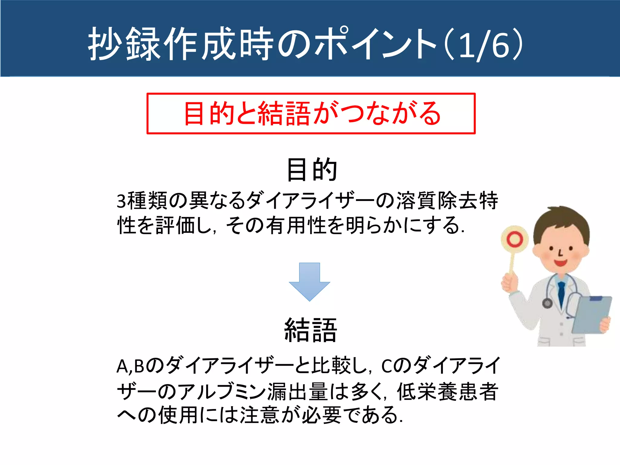 目的と結語がつながる
3種類の異なるダイアライザーの溶質除去特
性を評価し，その有用性を明らかにする．
目的
A,Bのダイアライザーと比較し，Cのダイアライ
ザーのアルブミン漏出量は多く，低栄養患者
への使用には注意が必要である．
結語
抄録作成時のポイント（1/6）
 