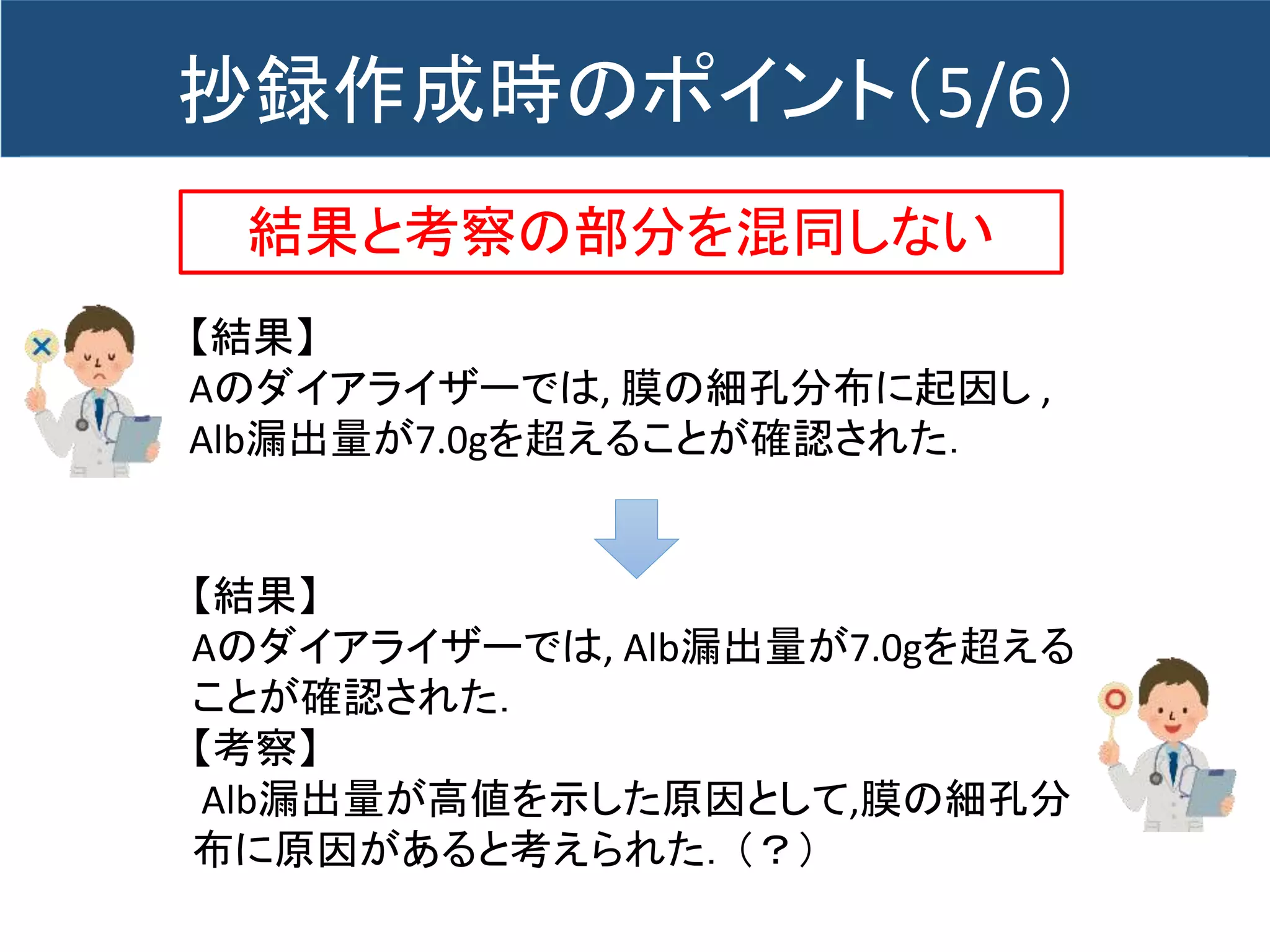 結果と考察の部分を混同しない
【結果】
Aのダイアライザーでは, 膜の細孔分布に起因し ,
Alb漏出量が7.0gを超えることが確認された．
【結果】
Aのダイアライザーでは, Alb漏出量が7.0gを超える
ことが確認された．
【考察】
Alb漏出量が高値を示した原因として,膜の細孔分
布に原因があると考えられた．（？）
抄録作成時のポイント（5/6）
 