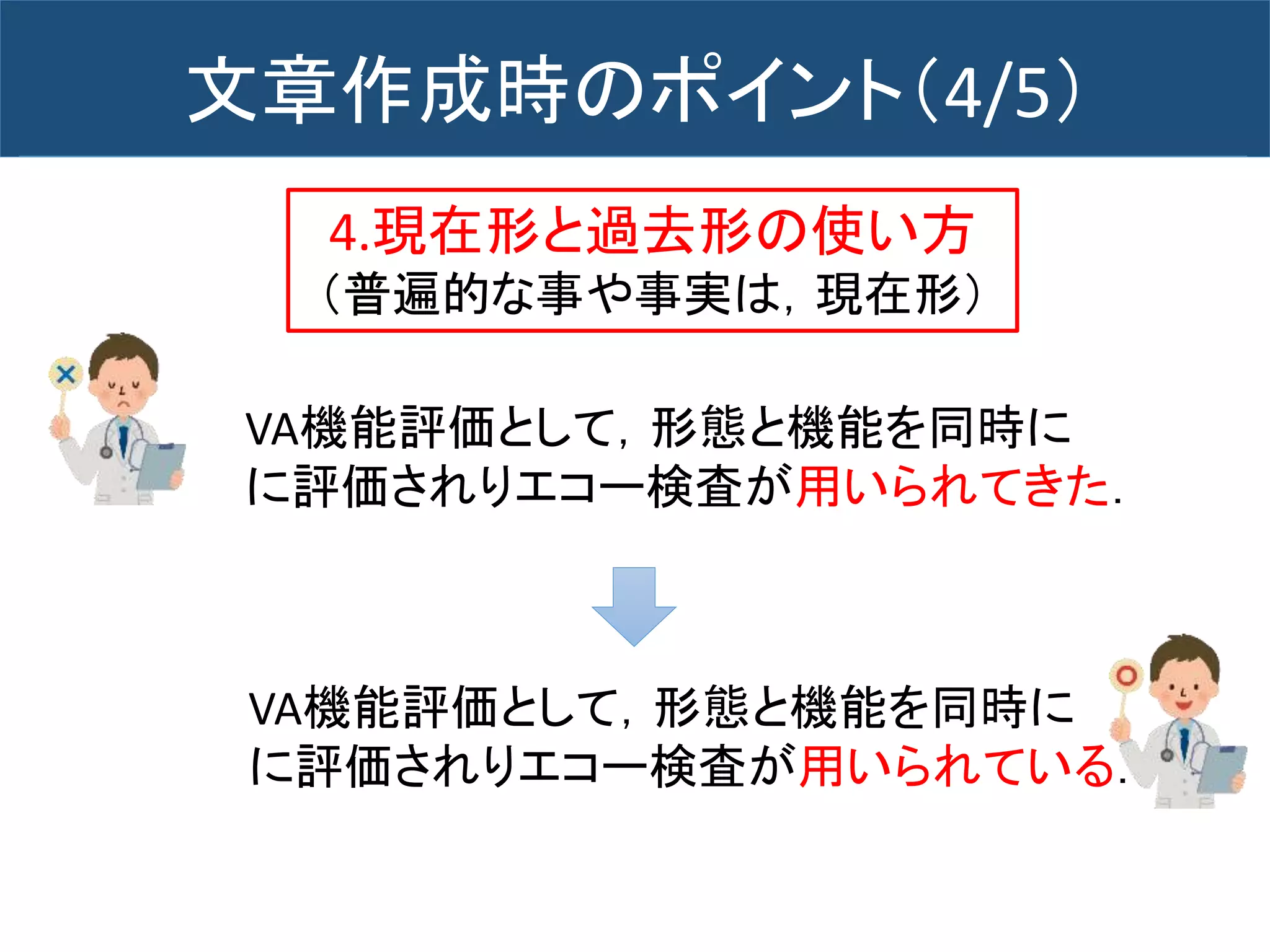 4.現在形と過去形の使い方
（普遍的な事や事実は，現在形）
VA機能評価として，形態と機能を同時に
に評価されりエコー検査が用いられてきた．
VA機能評価として，形態と機能を同時に
に評価されりエコー検査が用いられている．
文章作成時のポイント（4/5）
 