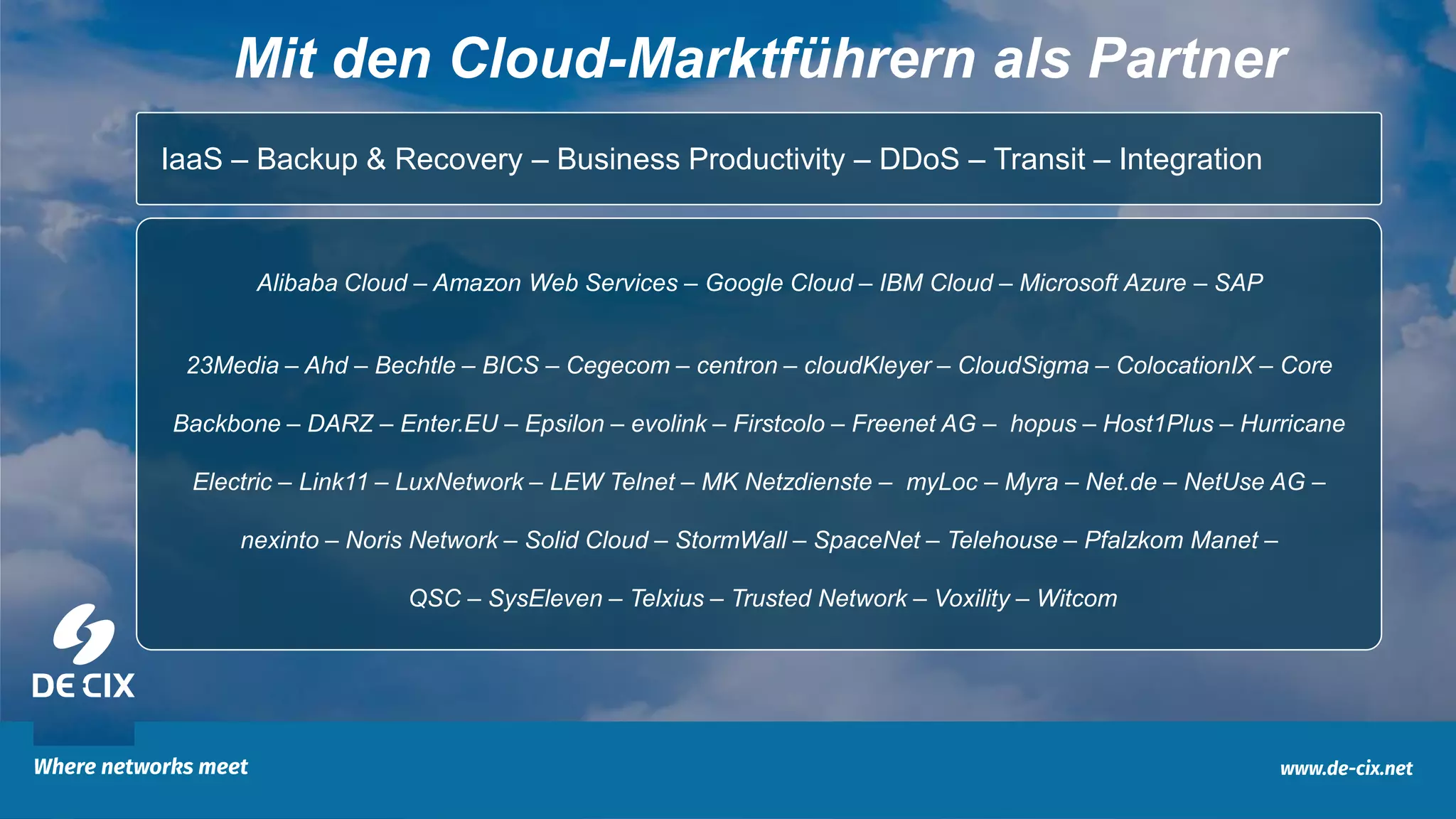 12
Mit den Cloud-Marktführern als Partner
Alibaba Cloud – Amazon Web Services – Google Cloud – IBM Cloud – Microsoft Azure – SAP
23Media – Ahd – Bechtle – BICS – Cegecom – centron – cloudKleyer – CloudSigma – ColocationIX – Core
Backbone – DARZ – Enter.EU – Epsilon – evolink – Firstcolo – Freenet AG – hopus – Host1Plus – Hurricane
Electric – Link11 – LuxNetwork – LEW Telnet – MK Netzdienste – myLoc – Myra – Net.de – NetUse AG –
nexinto – Noris Network – Solid Cloud – StormWall – SpaceNet – Telehouse – Pfalzkom Manet –
QSC – SysEleven – Telxius – Trusted Network – Voxility – Witcom
IaaS – Backup & Recovery – Business Productivity – DDoS – Transit – Integration
 