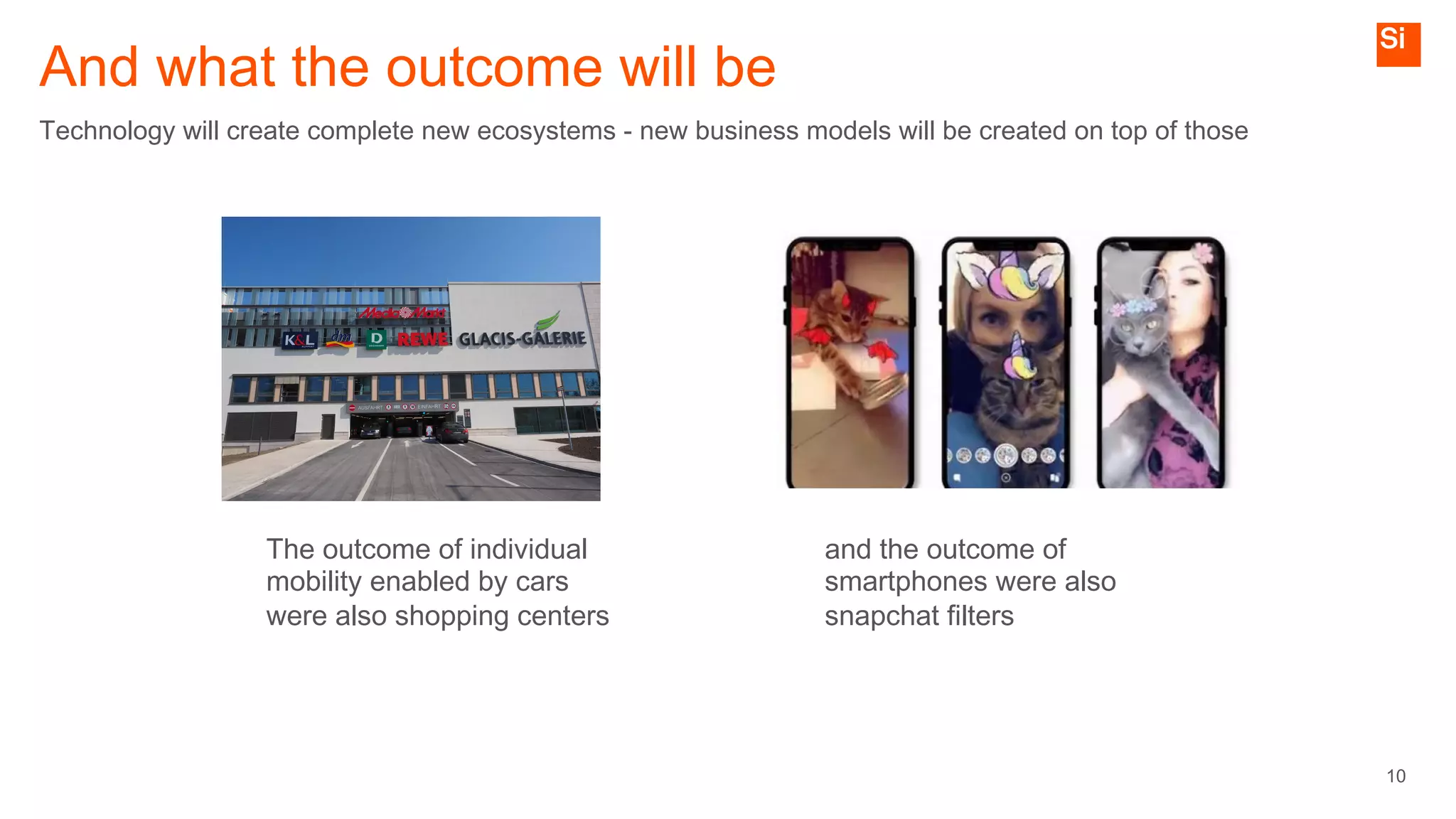 10
And what the outcome will be
Technology will create complete new ecosystems - new business models will be created on top of those
The outcome of individual
mobility enabled by cars
were also shopping centers
and the outcome of
smartphones were also
snapchat filters
 