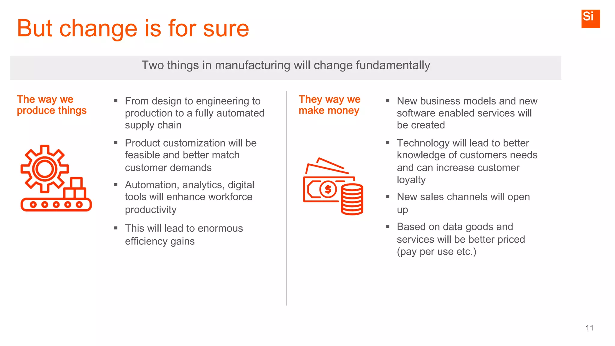 11
§ From design to engineering to
production to a fully automated
supply chain
§ Product customization will be
feasible and better match
customer demands
§ Automation, analytics, digital
tools will enhance workforce
productivity
§ This will lead to enormous
efficiency gains
§ New business models and new
software enabled services will
be created
§ Technology will lead to better
knowledge of customers needs
and can increase customer
loyalty
§ New sales channels will open
up
§ Based on data goods and
services will be better priced
(pay per use etc.)
The way we
produce things
But change is for sure
Two things in manufacturing will change fundamentally
They way we
make money
 