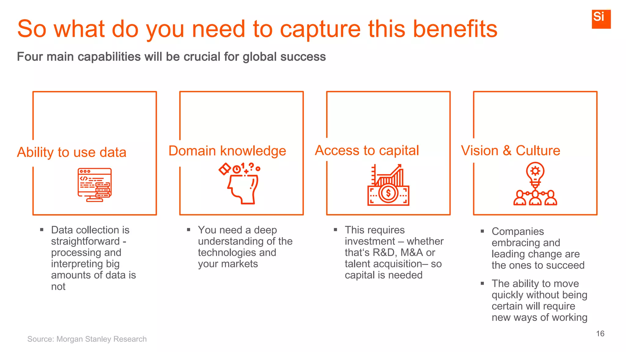 16
So what do you need to capture this benefits
Four main capabilities will be crucial for global success
Ability to use data Domain knowledge Access to capital Vision & Culture
§ Data collection is
straightforward -
processing and
interpreting big
amounts of data is
not
§ You need a deep
understanding of the
technologies and
your markets
§ This requires
investment – whether
that‘s R&D, M&A or
talent acquisition– so
capital is needed
§ Companies
embracing and
leading change are
the ones to succeed
§ The ability to move
quickly without being
certain will require
new ways of working
Source: Morgan Stanley Research
 