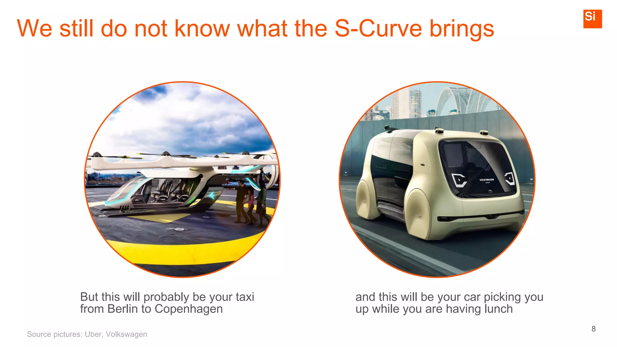 8
We still do not know what the S-Curve brings
Source pictures: Uber, Volkswagen
But this will probably be your taxi
from Berlin to Copenhagen
and this will be your car picking you
up while you are having lunch
 
