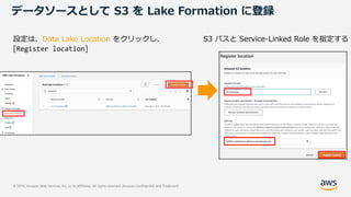 © 2019, Amazon Web Services, Inc. or its Affiliates. All rights reserved. Amazon Confidential and Trademark
データソースとして S3 を Lake Formation に登録
設定は、Data Lake Location をクリックし、
[Register location]
S3 パスと Service-Linked Role を指定する
 