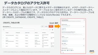 © 2019, Amazon Web Services, Inc. or its Affiliates. All rights reserved. Amazon Confidential and Trademark
データカタログには、基となるデータに関するメタデータが格納されます。メタデータはデータベー
スとテーブルとして編成されています。テーブルは S3 に保存されているデータの場所を指します。
データベースはテーブルの集合です。データカタログのアクセス許可は、データベースとテーブルを
作成、編集、および削除する権限をシンプルな Grant/Revoke で与えます。
(例 CREATE_DATABASE, CREATE_TABLE)
データカタログのアクセス許可
Grant 選択CREATE_TABLEの例
 